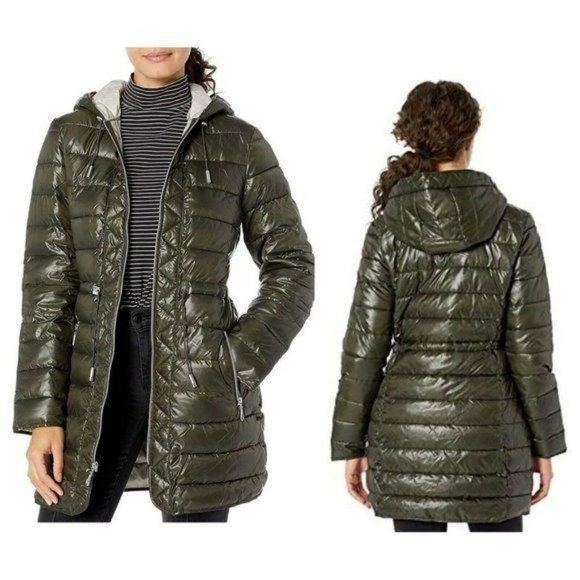 Kenneth Cole Olive Quilted Packable Hooded Jacket